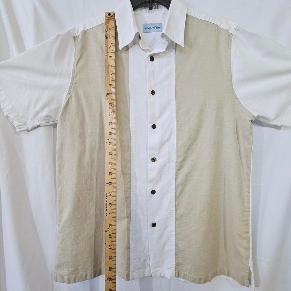 #0243 Newport Isle Mens Two Tone Beige White Short Sleeve Panel Camp Shirt - Picture 4 of 5